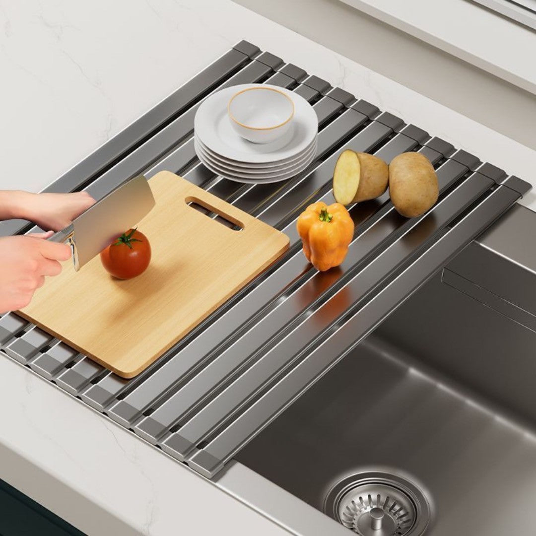 【水切りも平掛も、自由に使える】Foldrack – ロール型ステンレス水切りラック さっと広げて、さっと使い終われる